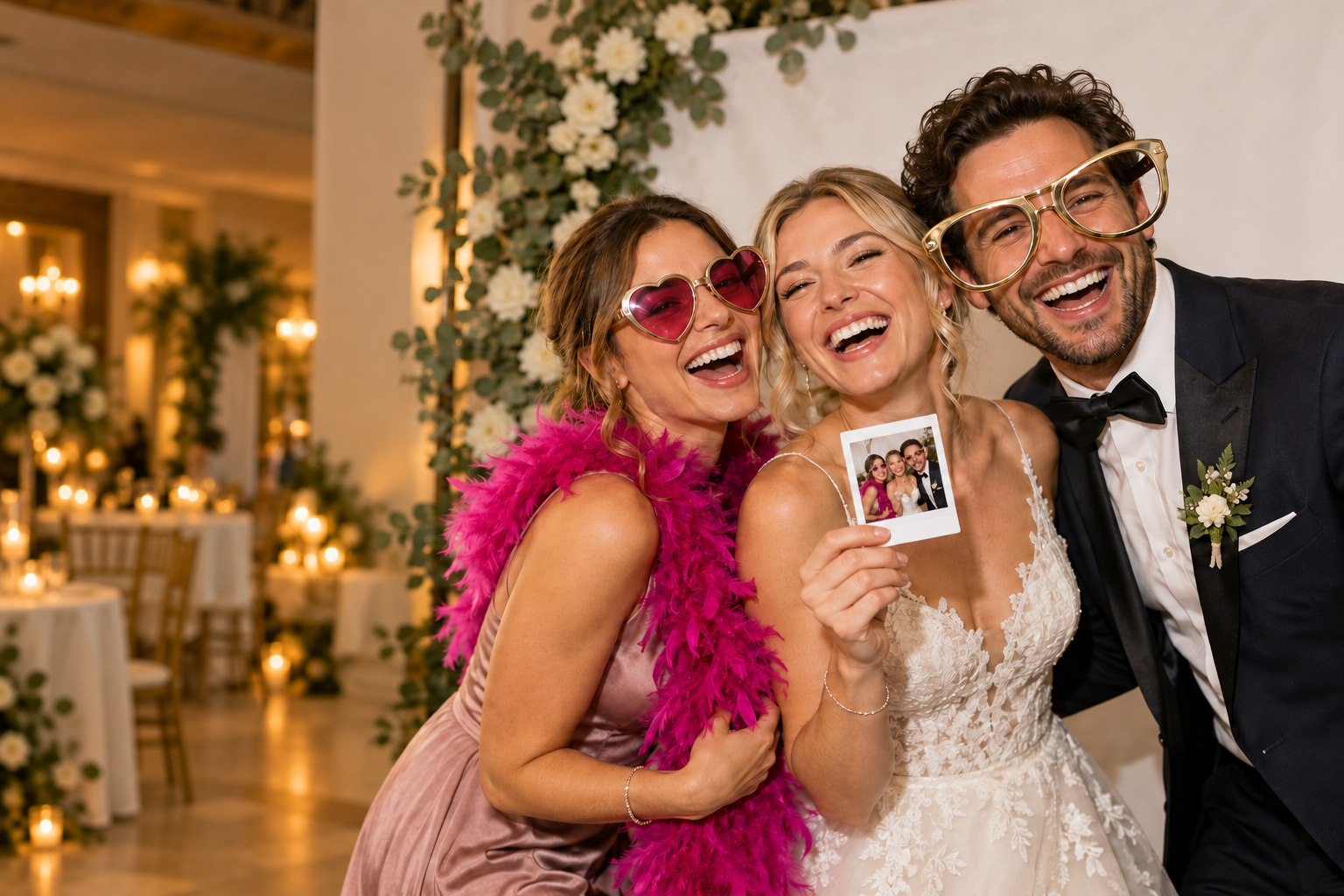 Drei Hochzeitsgäste lachen gemeinsam und halten ein frisch gedrucktes Fotoboxfoto in die Kamera